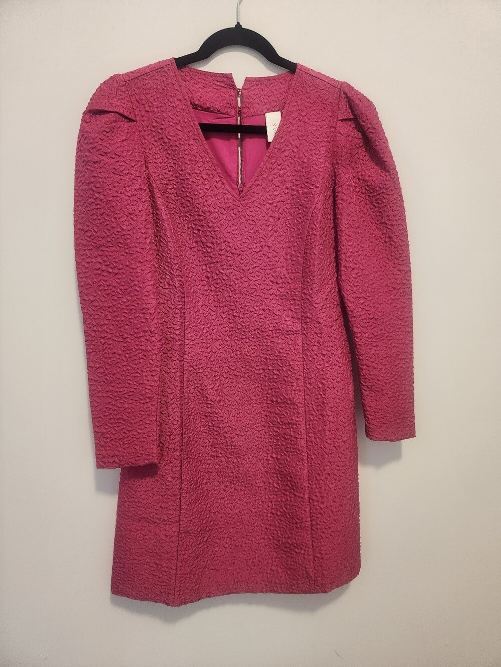 Textured Pink V-Neck Mini Dress with Structured Sleeves